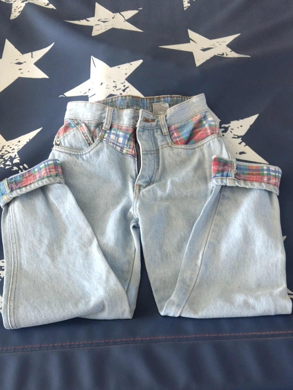 Rio Light Wash Girls Jeans with Plaid Trim